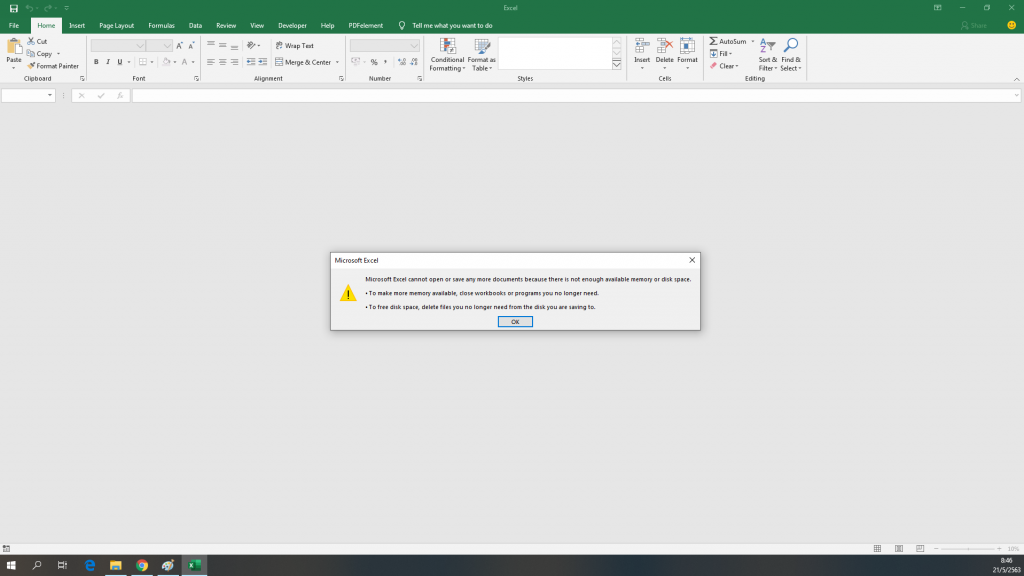 วิธีแก้ Excel cannot open or save any more documents because there is not enough available memory or disk space.