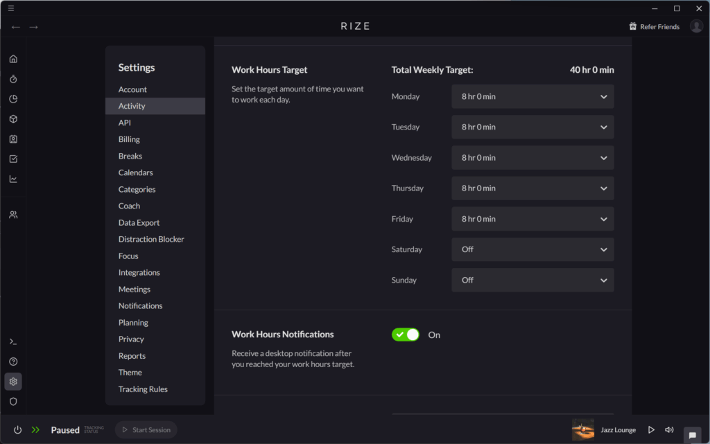 work hours target byday
