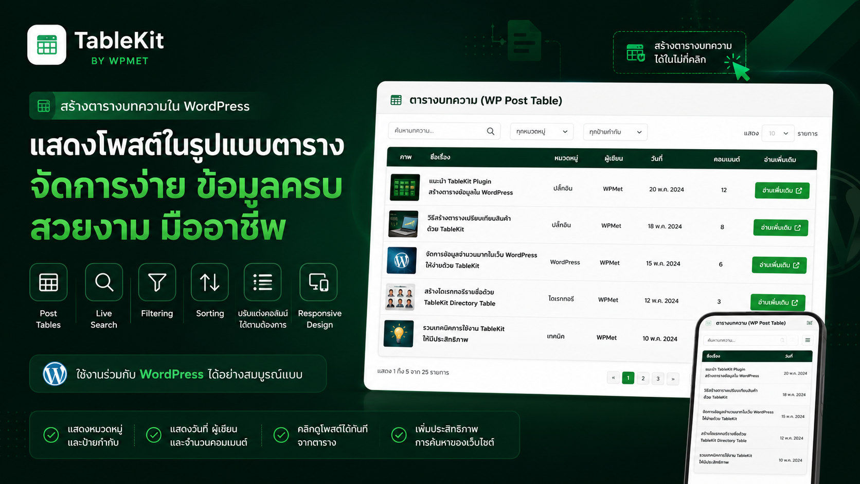 รีวิว WordPress TableKit builder 4 Display WP Posts in Tables